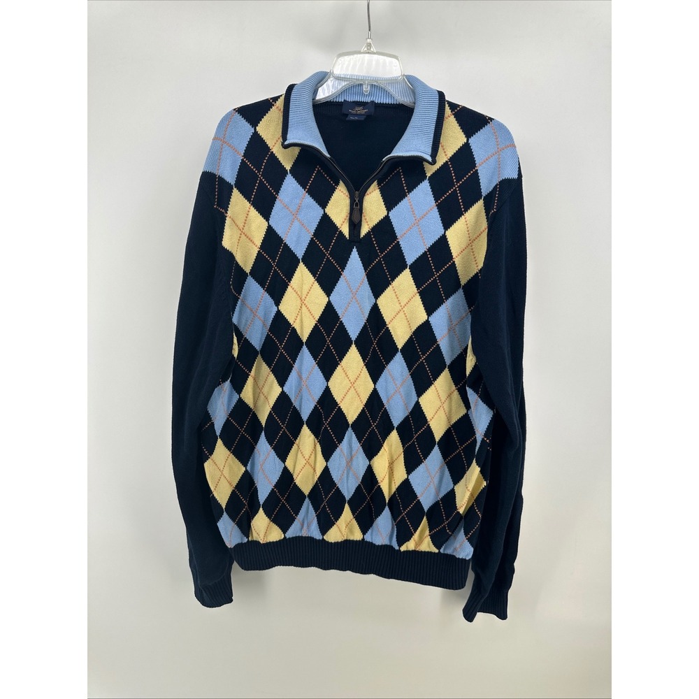 Brooks Brothers 346 Mens XL Pima Cotton Argyle Quarter Zip Sweater Navy Blue